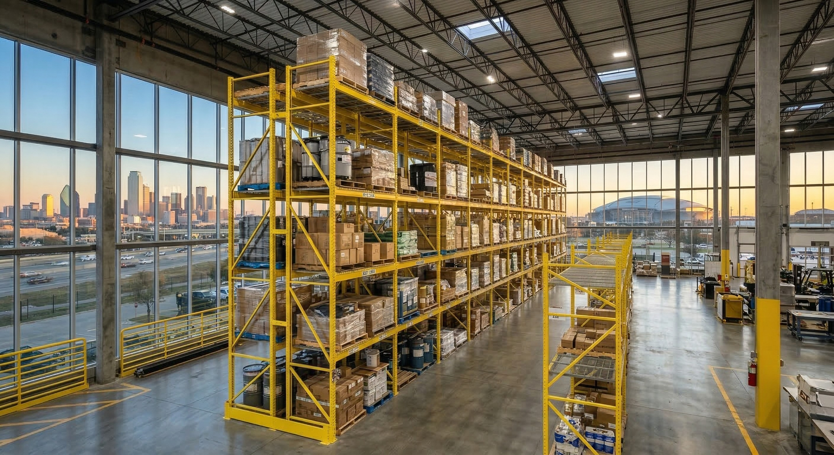 DFW Pallet Racking warehouse with Dallas skyline