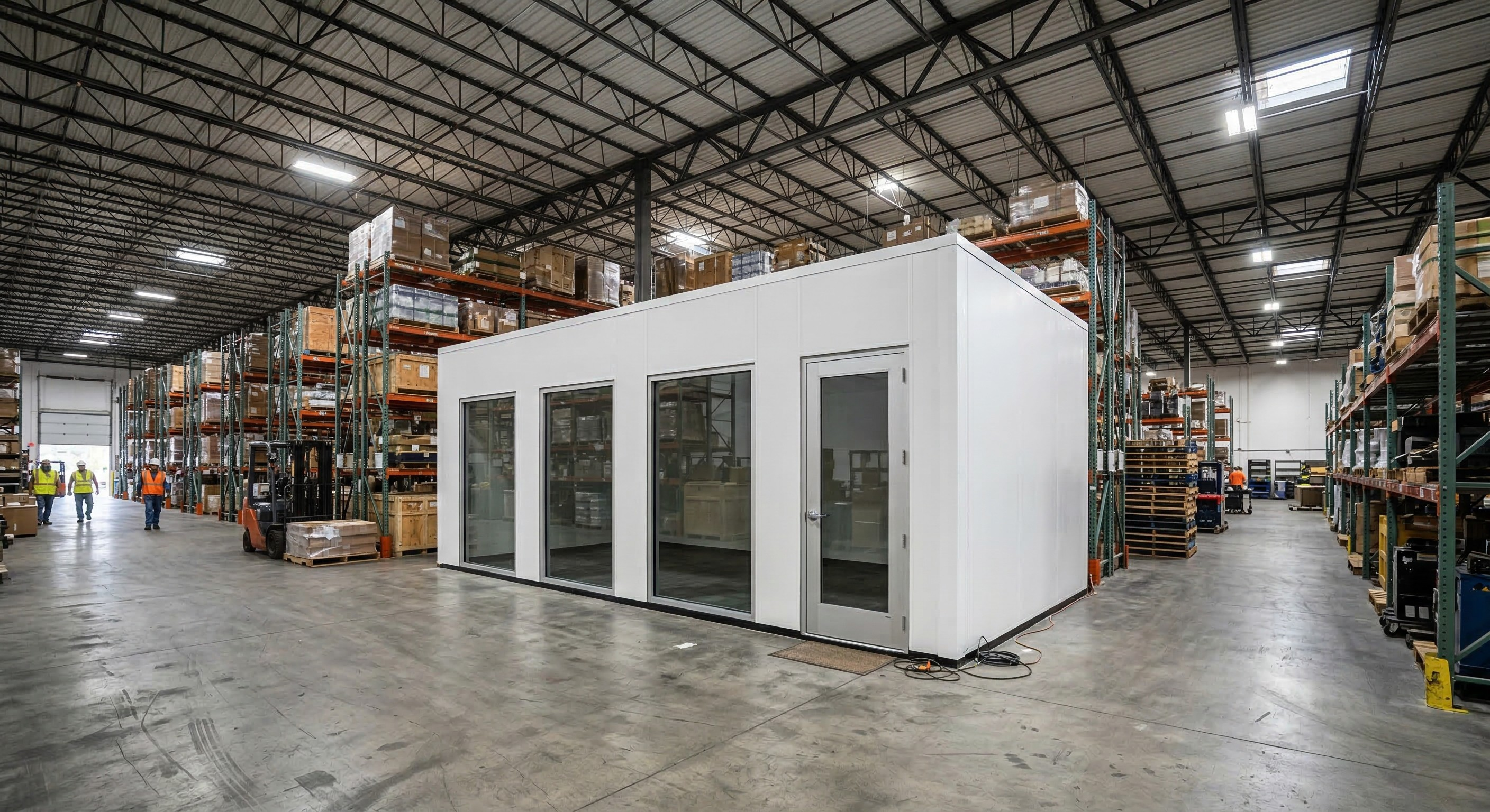 Single-story modular office enclosure in warehouse
