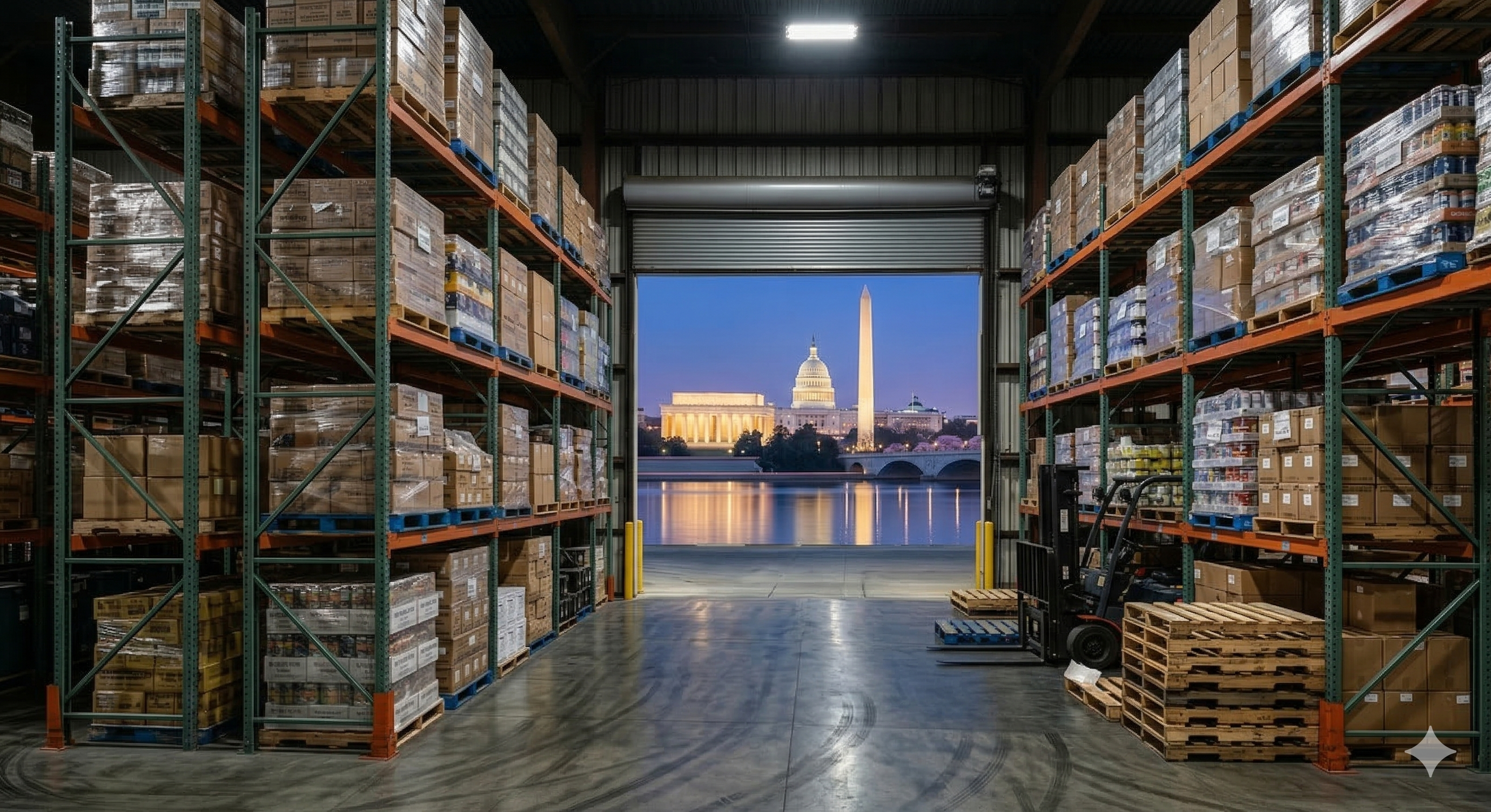 Dallas TX landmarks visible through warehouse loading dock with pallet racking