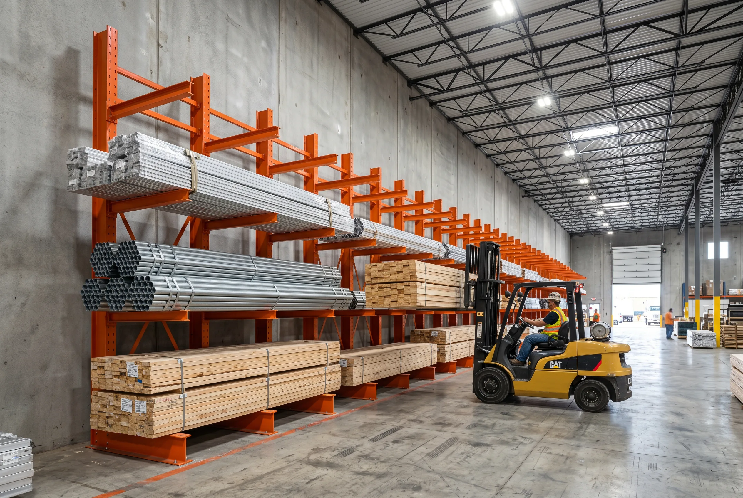 Heavy-duty structural cantilever rack storing pipe, steel, and lumber bundles in a Dallas-Fort Worth industrial distributor