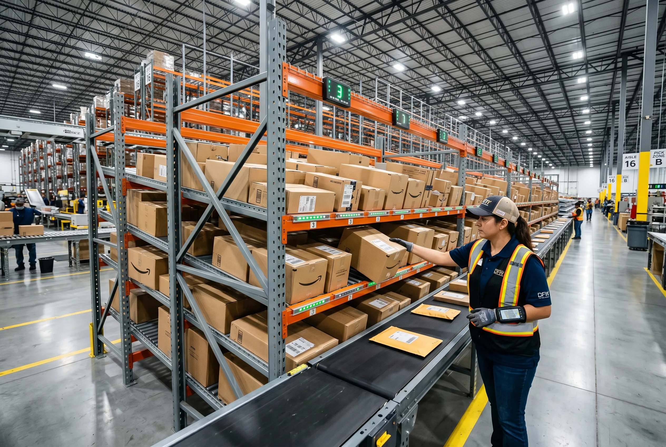 Multi-tier carton flow rack with skate-wheel tracks and warehouse operator picking cases in a Dallas-Fort Worth fulfillment center