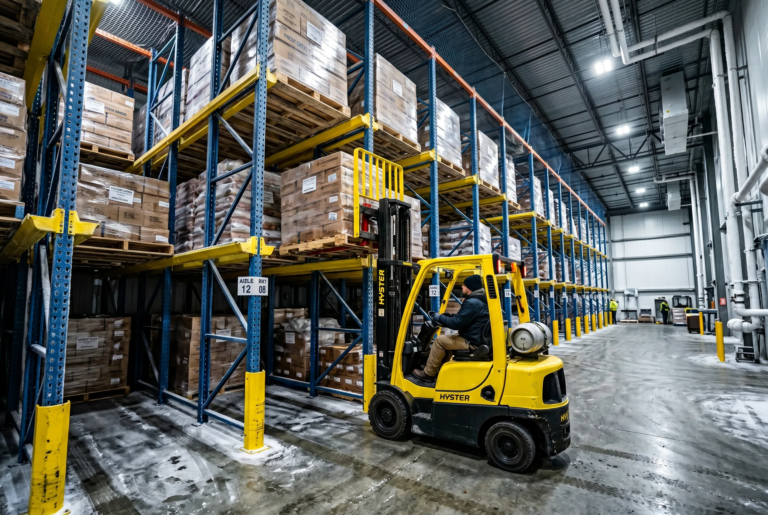 Drive-in pallet rack system with forklift entering the rack structure in a Dallas-Fort Worth cold storage warehouse