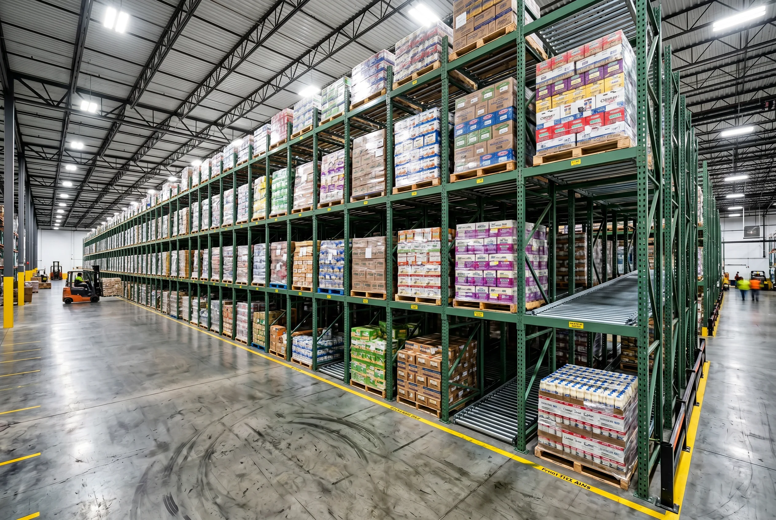 Deep-lane pallet flow rack with gravity rollers in a Dallas-Fort Worth refrigerated distribution center