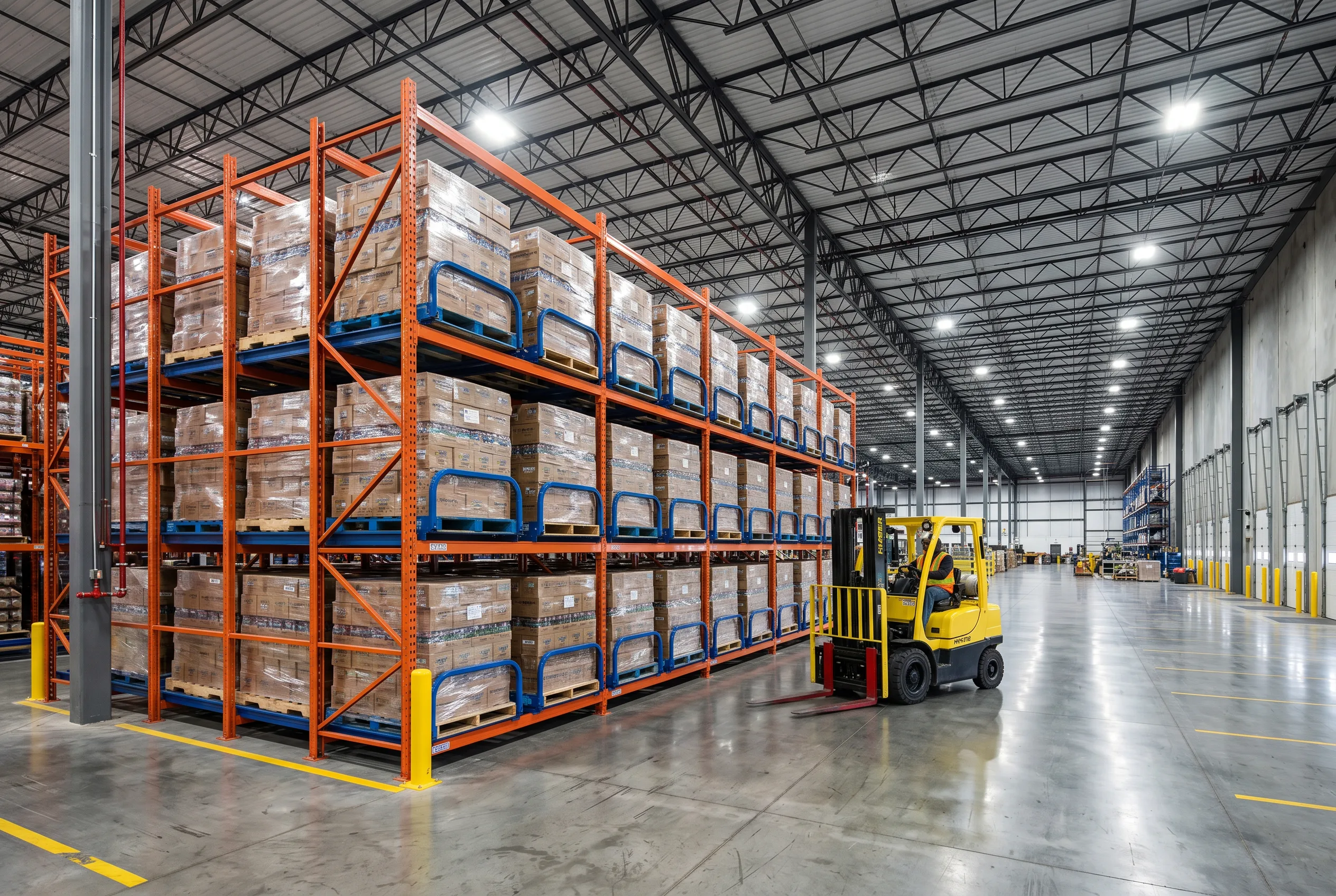 Pushback pallet rack system with nested carts and inclined rails in a Dallas-Fort Worth warehouse